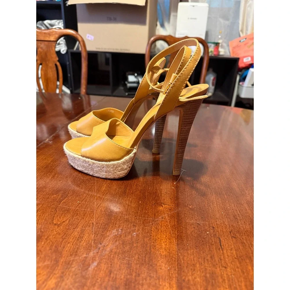 Tory Burch Tan Leather Espadrille Platform Ankle Strap Stiletto Sandals 9.5M